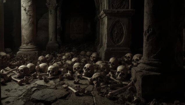 Eerie Chamber of Skulls - A Macabre Display in Stone Ruins.