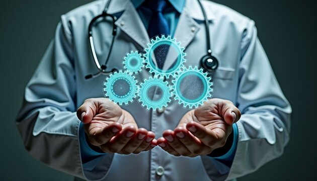 Doctor holding virtual gears representing healthcare processes in modern clinic