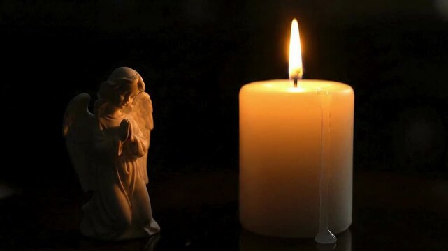 Gentle flicker of candlelight beside praying angel statue embodies peace and remembrance perfect for memorial videos and sympathy tributes