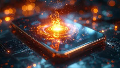 Concept art of quantum mobile device, energy core at center emitting fractal light, metallic reflections, high-tech aura, soft bokeh background”
