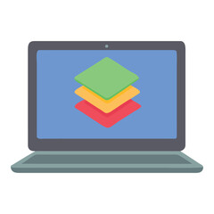 Modern laptop displaying colorful stacked layers on a blue screen background