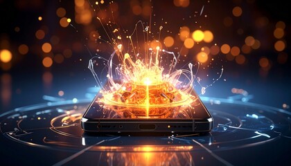Concept art of quantum mobile device, energy core at center emitting fractal light, metallic reflections, high-tech aura, soft bokeh background”