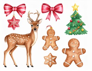 Naklejka premium Watercolor hand painted Christmas set, deer, bow, gingerbread, New Year items. 