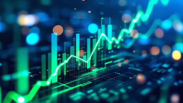 Abstract digital visualization of a stock market graph with rising trend and blurred lights