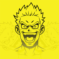 Maniacal vector character on vibrant yellow. Detailed, high-contrast black line art of a screaming, crazy laughing face with a fierce grin. Comic book/pop art style, aggression. urban graphic design.