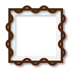 Photo frame with distinctive design. Outer edge features bold wavy or scalloped border in rich dark brown or oak color, resembling classic stamp or ornate molding white square with drop shadow