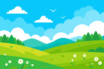 Obraz premium Cartoon landscape with hills trees and white flowers
