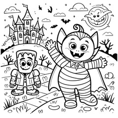 Halloween coloring book illustration set