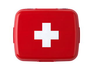 Bright red first aid kit with a white cross symbol on a black background isolated studio shot