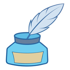 Light blue inkwell with a quill pen inserted isolated on a white background representing writing and creativity