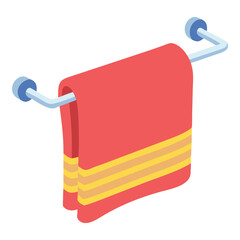 Bright red towel with yellow stripes hanging on a modern chrome towel rack in a bathroom