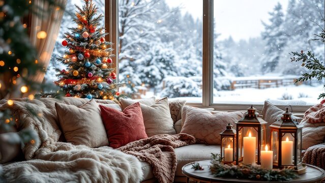 Cozy living room with a decorated christmas tree and snow falling outside the window - Powered by Adobe