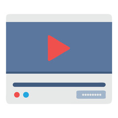 Flat design icon of a video player interface with a red play button and timeline control