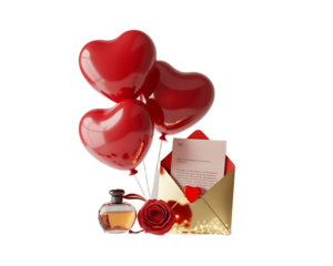 Envelope with love letter and heart balloons isolated on transparent background