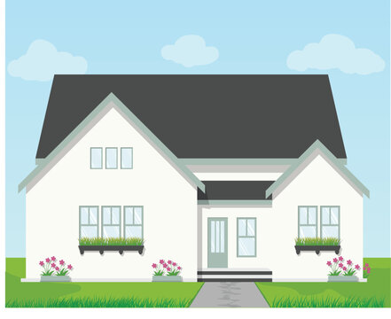 Clean Scandinavian house facade with pitched gable roof, bright white walls, front lawn, and soft blue sky. 
Flat vector style&mdash;perfect for real-estate ads or architecture headers.
