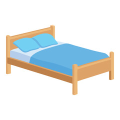 Simple wooden bed frame with blue bedding and pillows on a white background