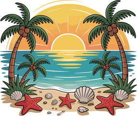 Tropical sunset beach scene with palm trees and starfish art vector