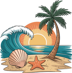 Tropical beach sunset scene with palm tree ocean wave seashell and starfish