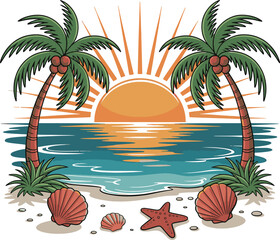 tropical sunset scene with palm trees ocean and seashells on beach