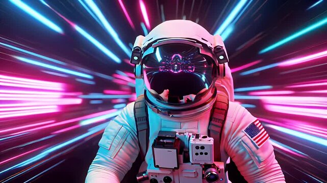 Astronaut in Neon-Bathed Spacesuit Front and Center Amidst Vibrant Light Trails