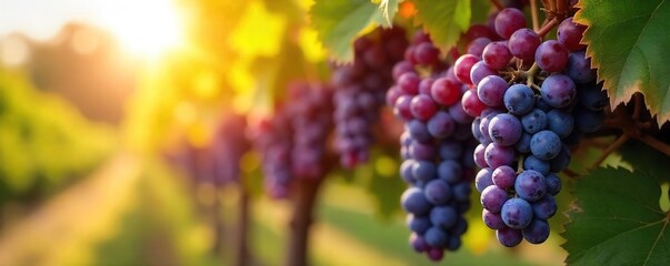 Sun-Ripened Grapes Hanging Heavy on Autumn Vine, Ready for Harvest. Vibrant purple fruit contrasts beautifully with the golden foliage, creating a picturesque autumn harvest scene.