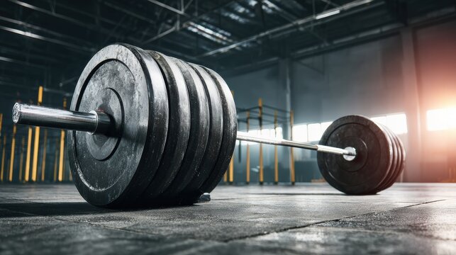 Heavy barbell weights on gym floor in fitness center