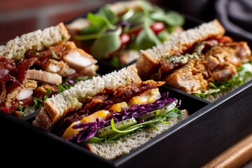 Detailed close-up photography of a tempting sandwiches in a bento box in natural brick background