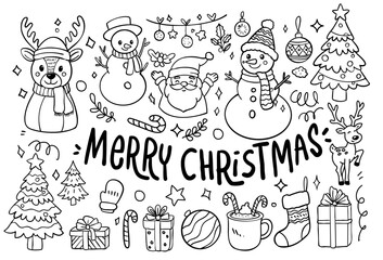 Merry Christmas and winter season doodle element vector. Set of bauble ball, santa, snowman, bell, tree, candle, holly, gift, cup, sock, candy cane. Merry Christmas Doodle collection.