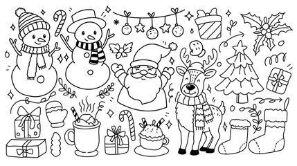 Merry Christmas and winter season doodle element vector. Set of bauble ball, santa, snowman, bell, tree, candle, holly, gift, cup, sock, candy cane. Merry Christmas Doodle collection.