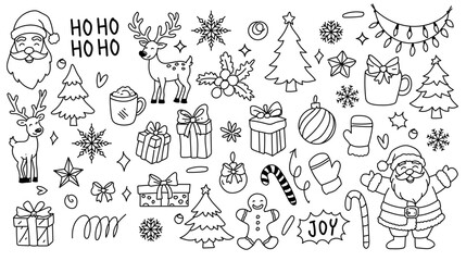 Christmas drawn holly line decor, pine branch, snowflake background. Hand drawn doodle sketch holly floral, christmas tree leaves, winter pine. Christmas Holiday ornament sketch doodle.