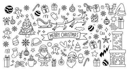 Merry Christmas and winter season doodle element vector. Set of bauble ball, santa, snowman, bell, tree, candle, holly, gift, cup, sock, candy cane. Merry Christmas Doodle collection.Print