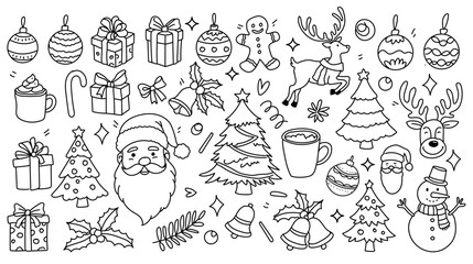 Christmas drawn holly line decor, pine branch, snowflake background. Hand drawn doodle sketch holly floral, christmas tree leaves, winter pine. Christmas Holiday ornament sketch doodle.