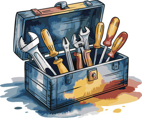 Watercolor toolbox clipart filled with assorted hand tools and painting splashes vector