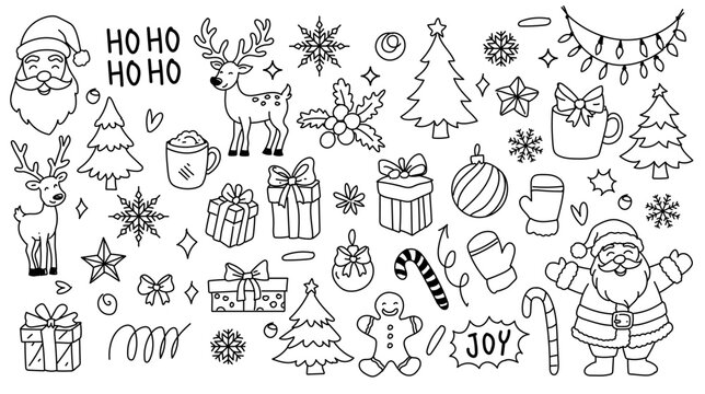Christmas drawn holly line decor, pine branch, snowflake background. Hand drawn doodle sketch holly floral, christmas tree leaves, winter pine. Christmas Holiday ornament sketch doodle.