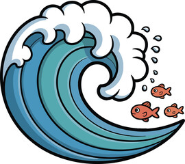 Whimsical cartoon wave with playful fish riding the swell vector