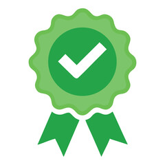 Green award ribbon with checkmark symbol signifying approval quality and success
