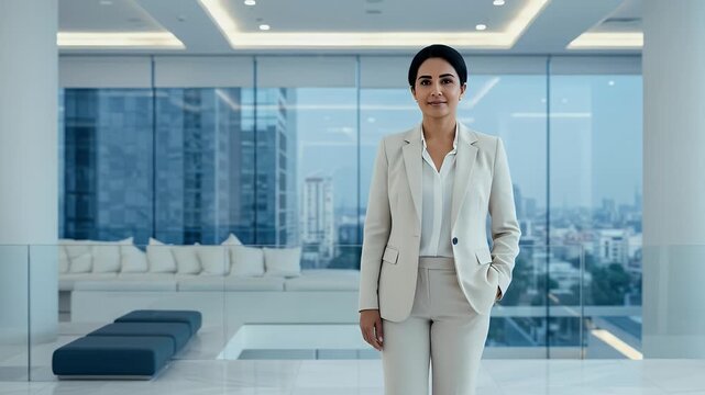 Professional Woman In Beige Suit In Modern Office With City View