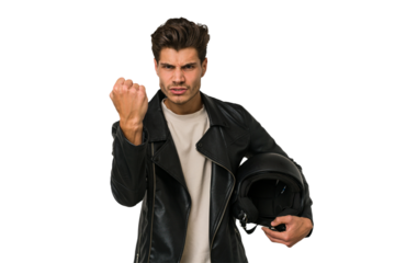 Young caucasian man holding a motrbike black helmet isolated showing fist to camera, aggressive facial expression.