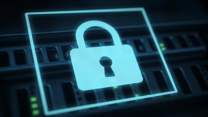 Illuminated padlock icon overlaid on blurred dark server rack, blue tones - Powered by Adobe