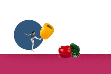 Creative collage picture young woman football player kick score match pepper paprika vegetarian...