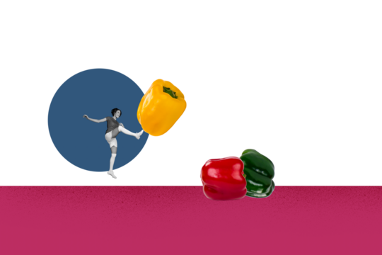 Creative collage picture young woman football player kick score match pepper paprika vegetarian food meal vitamins nutrition