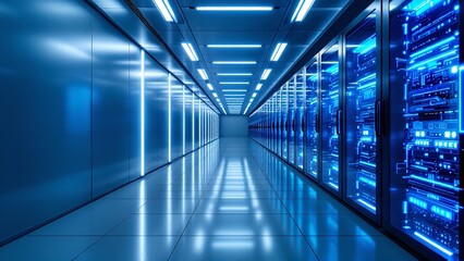 Modern data center server room with blue led lights and server racks