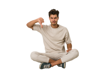 Young caucasian man sitting on the floor isolated on white background showing thumb down, disappointment concept.