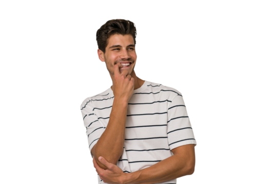 Young handsome caucasian man isolated on white background relaxed thinking about something looking at a copy space.