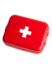 Fototapeta premium Compact red first aid kit with white cross symbol on a dark background for emergency medical supplies