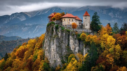 Scenic castle atop rocky cliff surrounded by autumn foliage and mountains
