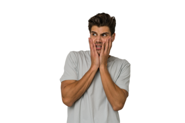 Young handsome caucasian man isolated on white background scared and afraid.