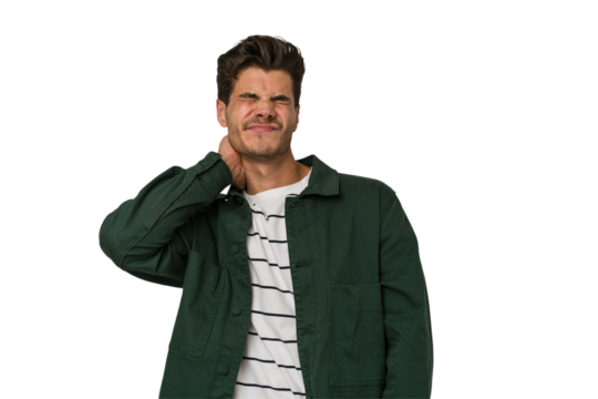Young handsome caucasian man isolated on white background having a neck pain due to stress, massaging and touching it with hand.