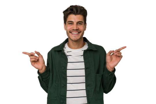 Young handsome caucasian man isolated on white background pointing to different copy spaces, choosing one of them, showing with finger.
