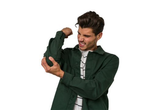 Young handsome caucasian man isolated on white background massaging elbow, suffering after a bad movement.